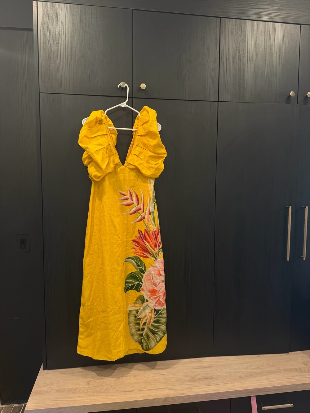 FARM Rio Yellow Tropical Midi Dress with Ruffle Straps